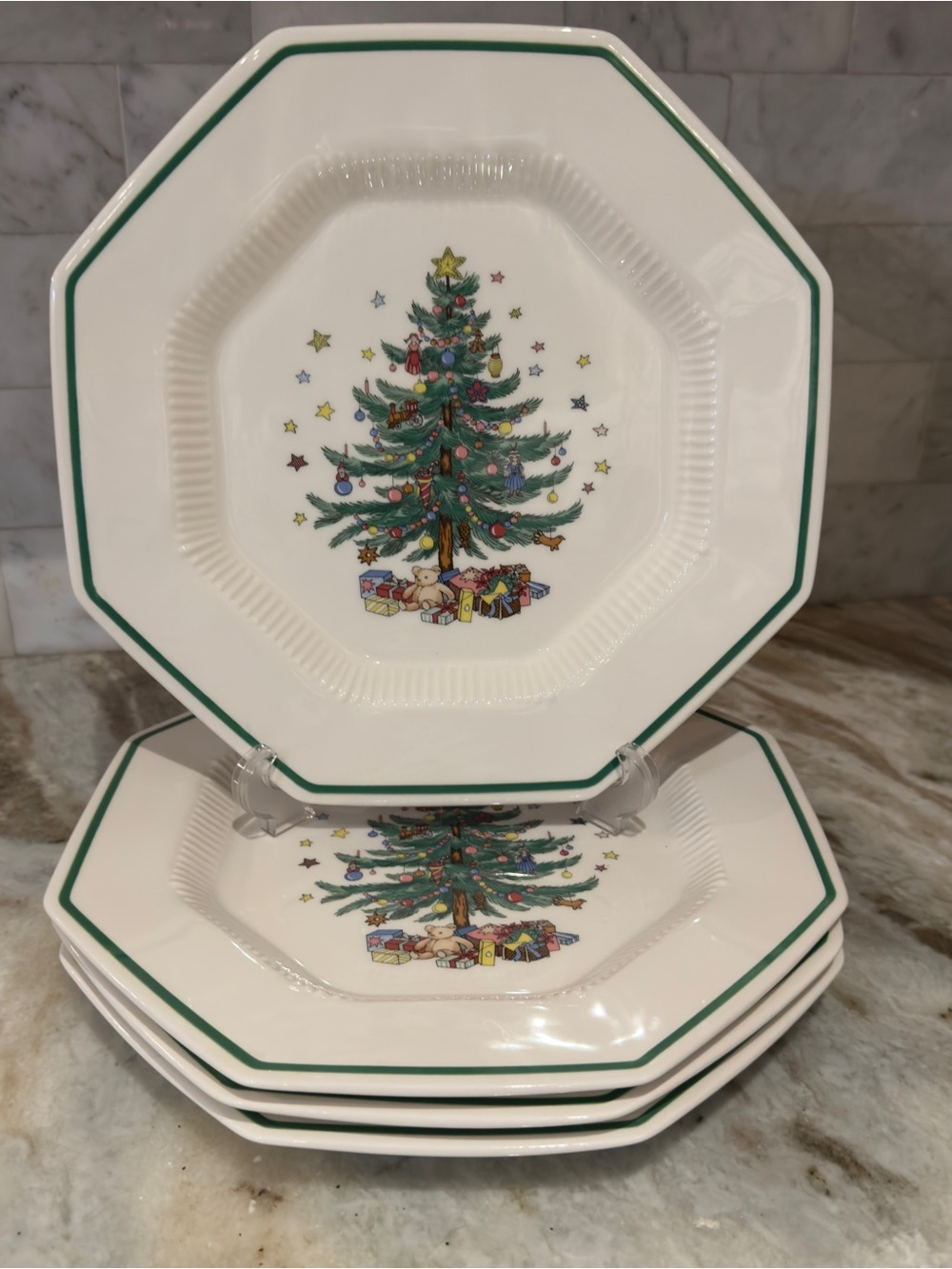 Nikko Japan Christmastime Octagonal Christmas Tree Dinner Plates Set of 4